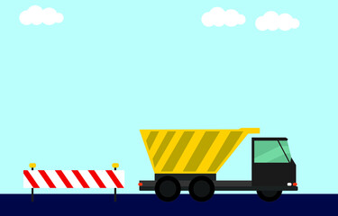 Yellow work truck and road barricade, concept of construction companies, vector