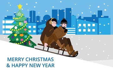 Christmas and New Year. A man and a woman or a married couple have fun on a festive Christmas weekend, sledding and going down the hill quickly. Cute vector flat image.