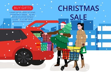 Christmas and New Year banner for landing page or online store website. At a fair or supermarket, men and women buy gifts and a Christmas tree and load them into the car. Cute vector flat image.