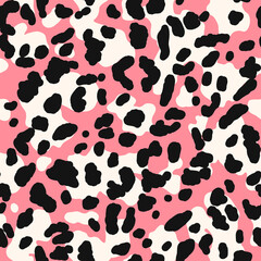 Abstract leopard pattern. Trendy seamless vector print. Animal texture. Black spots on pink background. Cheetah skin imitation for painted on clothes or fabric.