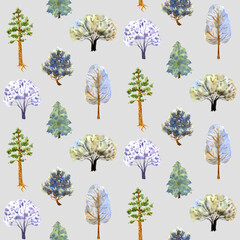 Winter trees seamless pattern on a gray background. Hand drawn watercolor illustration.