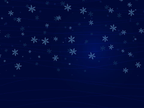 Snowfall on a dark blue background. Snowflakes fall at night. Winter vector illustration.