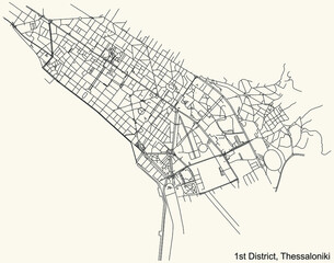 Detailed navigation urban street roads map on vintage beige background of the quarter First (1st) district of the Greek regional capital city of Thessaloniki, Greece