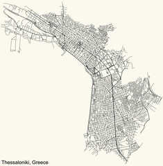Detailed navigation urban street roads map on vintage beige background of the Greek regional capital city of Thessaloniki, Greece