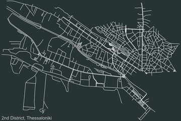 Detailed negative navigation urban street roads map on dark gray background of the quarter Second (2nd) district of the Greek regional capital city of Thessaloniki, Greece