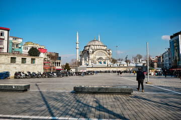 Square in istanbul and nuruosmaniye mosque with blue sky background. 03.03.2021. istanbul Turkey