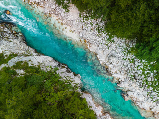 Turquoise Soca River in Bovec Slovenia Soca Valley. Europe Nature and  Landscape from Above