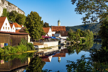 Sunset view of Essing at the river Altmuehl in Bavaria, Germany