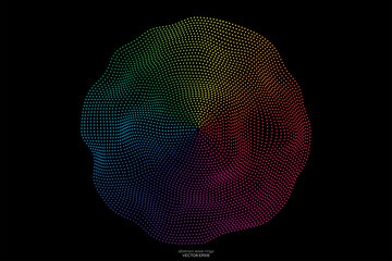 Abstract flowing wave rings dots particles round shape in colorful light isolated on black background for design element, banner, background in concept music, technology, modern