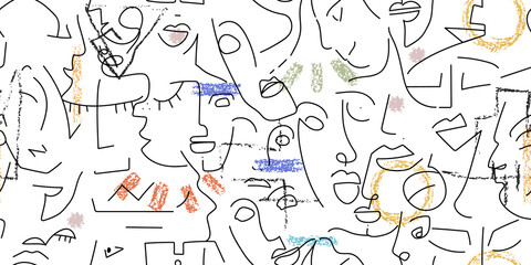 One line drawing. Abstract face seamless pattern.