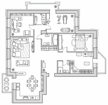 Apartment plan with furniture in top view. Layout of house standard set of icons for floor plan. Interior design elements for architectural plan. Vector blueprint.
