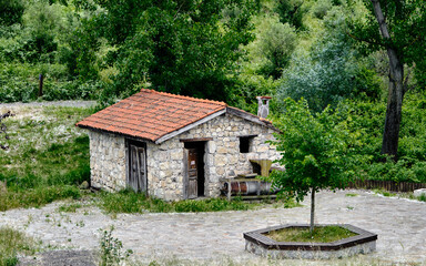 Fototapeta na wymiar Village house, red brick roof and stone made tiny house covered by green trees standing on gravel road.