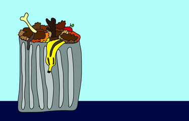 Gray bin full of garbage and waste, vector drawing