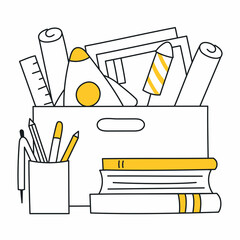 Personal belongings in a box, a container with work items - a rocket, books, notebooks, photographs, plans,  stationery, office items. You've fired concept, memories. Thin line yellow vector