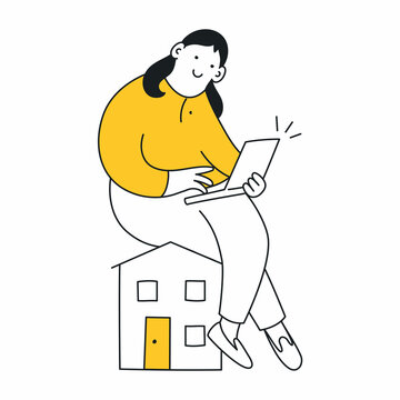A cute cartoon woman is sitting on the home's roof with a laptop. Freelance work, work at home, remote job concept, realtor, real estate offer. Thin line elegant modern vector illustration on white.