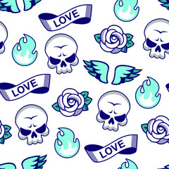 rock and roll vintage seamless vector pattern with skulls. Background for wallpaper, print, textile