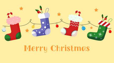 Hand drawn backgroun with Christmas socks. Vector illustration.