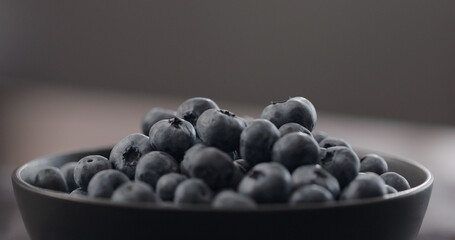 ripe blueberries in black bowl closeup