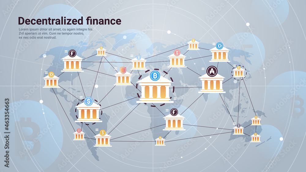 Poster defi decentralized finance system cryptocurrency and blockchain technology concept horizontal