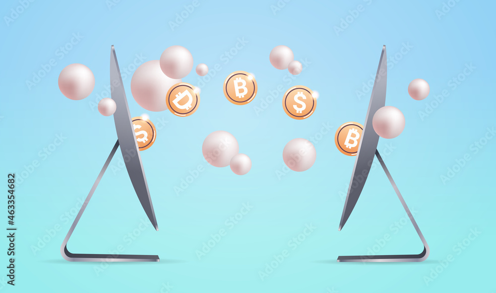 Aufkleber golden coins between computer monitors cryptocurrency blockchain technology digital currency concept