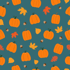 Autumn seamless pattern. Pumpkins, leaves and acorns on blue background. Background for autumn decorative design