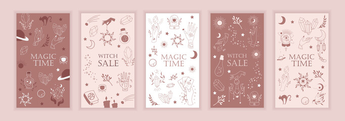 Set of mystical templates. Elements of esoteric, occult, alchemical and witch symbols. Cards with esoteric symbols. Silhouette of hands, stars, moon phases and crystals. Vector illustration. - 463355040