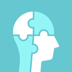 Head silhouette of four white and blue puzzle pieces. Mind, knowledge, education, development, order, logic and solution concept. EPS 8 vector illustration, no transparency, no gradients