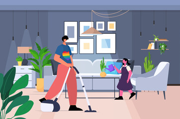 father cleaning house with little daughter transgender love LGBT community concept living room interior