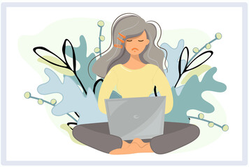 The girl is working with concentration on the computer. Solves important issues. Woman in lotus position in problems with laptop. Isolated vector with decorative plants. Flat design in cartoon style.