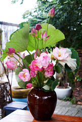 Beautiful lotus decoration flower arrangement, with freshly picked lotus