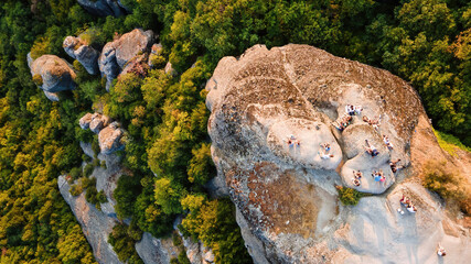 Aerial drone view of the Meteora in Greece at sunset