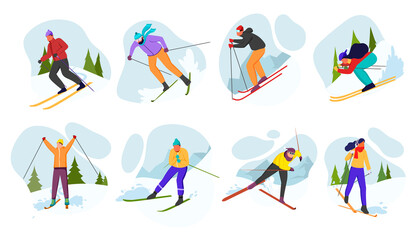Fototapeta na wymiar Set of skiers isolated on white background. Skier rides, jumps, slides in mountains. Ski actions: downhill, slalom, freeride, ski jumping, freestyle. Skiing in winter Alps. Vector illustration