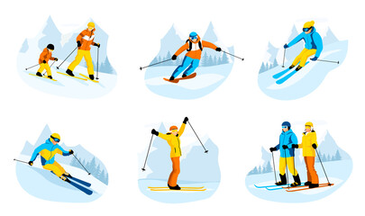 Set of skiers isolated on white background. Skier rides, jumps, slides in mountains. Ski actions: downhill, slalom, freeride, ski jumping, freestyle. Skiing in winter Alps. Vector illustration - obrazy, fototapety, plakaty