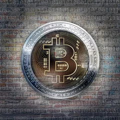 Foto op Canvas colorful bitcoin with bright paint splatters on white background, cryptocurrency concept  © reznik_val