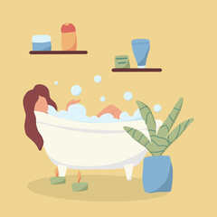 Hand-drawn illustration of a girl in the bathroom. A woman is resting in bathtub with foam.