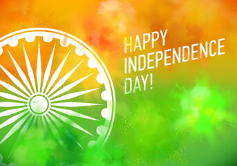 Happy Indian Independence Day horizontal background or banner, poster or greeting card template with colorful powder paint clouds in colors of Indian flag, Ashoka wheel and sample title