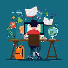 Student in learning process, back view. Kid sitting behind his desk studying online using his computer flat vector illustration with work table, school backpack, books globe, etc. © Mascha Tace
