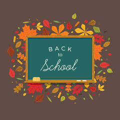 Lovely flat vector 'Back To School' background with autumn fall leaves and class chalkboard. Ideal for web banners and marketing posters
