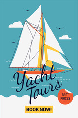 Vector travel agency promotional poster or web banner template on Yacht Tours with sailing yacht