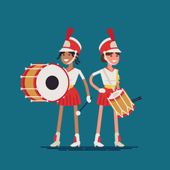 Marching band drummer girls. Flat vector character design on street music festival parade orchestra band female members wearing uniform, shako hats, snare and base drums