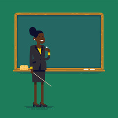 African american female school or university teacher or professor standing next to classroom chalkboard holding chalk and pointer. Flat vector character design on teacher woman