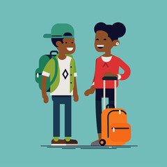 Couple of casually clothed african school kids with backpacks ready for school year. Flat vector character design on elementary school students