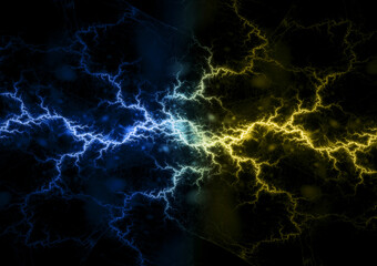 Hot yellow and blue lightning background, power electrical abstract