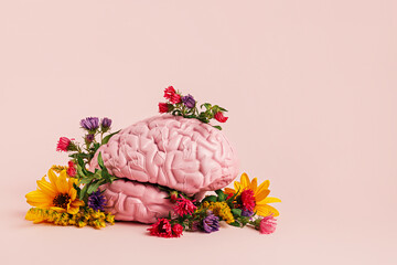 Human brain surrounded with various fresh flowers on pastel pink background. Creative positive thinking concept. Minimal Mental Health Awareness Month idea. Spring flower bloom.