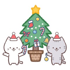 クリスマスツリーとシロネコとネコ