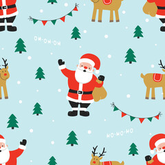Seamless pattern with cute Santa claus and reindeer on a blue background. Vector illustration on packaging paper, clothing, banner, poster. Cute baby background.