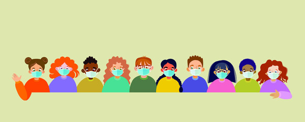 Children with protective mask flat vector illustration. A set of children with different skin and hair colors in medical masks. Wear face mask protect virus protect dust.
