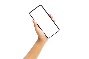 Woman hand holding the black smartphone with blank screen and modern frameless design isolated on white background