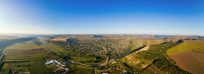 Aerial drone panoramic view of a village