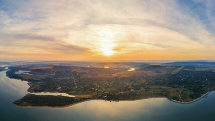 Fototapeta na wymiar Aerial drone view of nature in Moldova at sunset